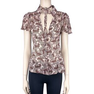 REISS Burgundy & Pink 100% Silk Japanese‎ Floral Spring Flounce Blouse 12/ XS-S